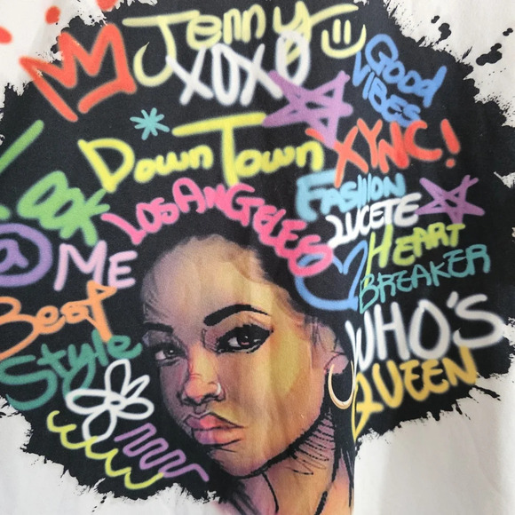Graffiti Afro Graphic Tee Large Ruffle Sleeve Streetwear Bold Modern - Picture 3 of 8